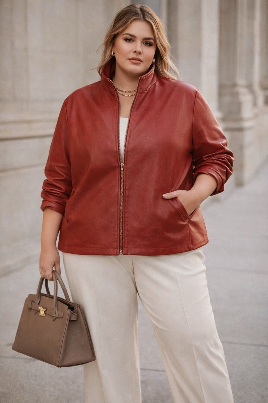 Vintage Red Leather Rock ‘N’ Roll, Edgy Moto Jacket Plus 2x